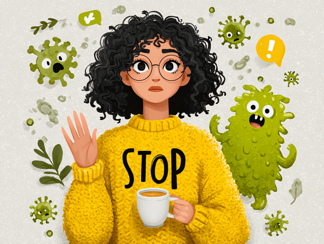 Ilustração de uma mulher de perfil sinalizando “pare” para um fungo Candida, enquanto segura uma xícara de chá, com ícones de saúde ao fundo, representando prevenção natural.