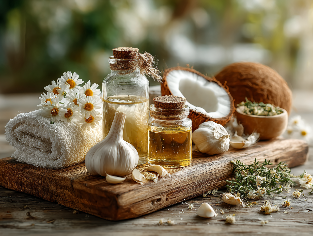 Foto realista com ângulo lateral de mesa contendo diversos elementos usados no tratamento caseiro da candidíase como óleos, ervas e cremes