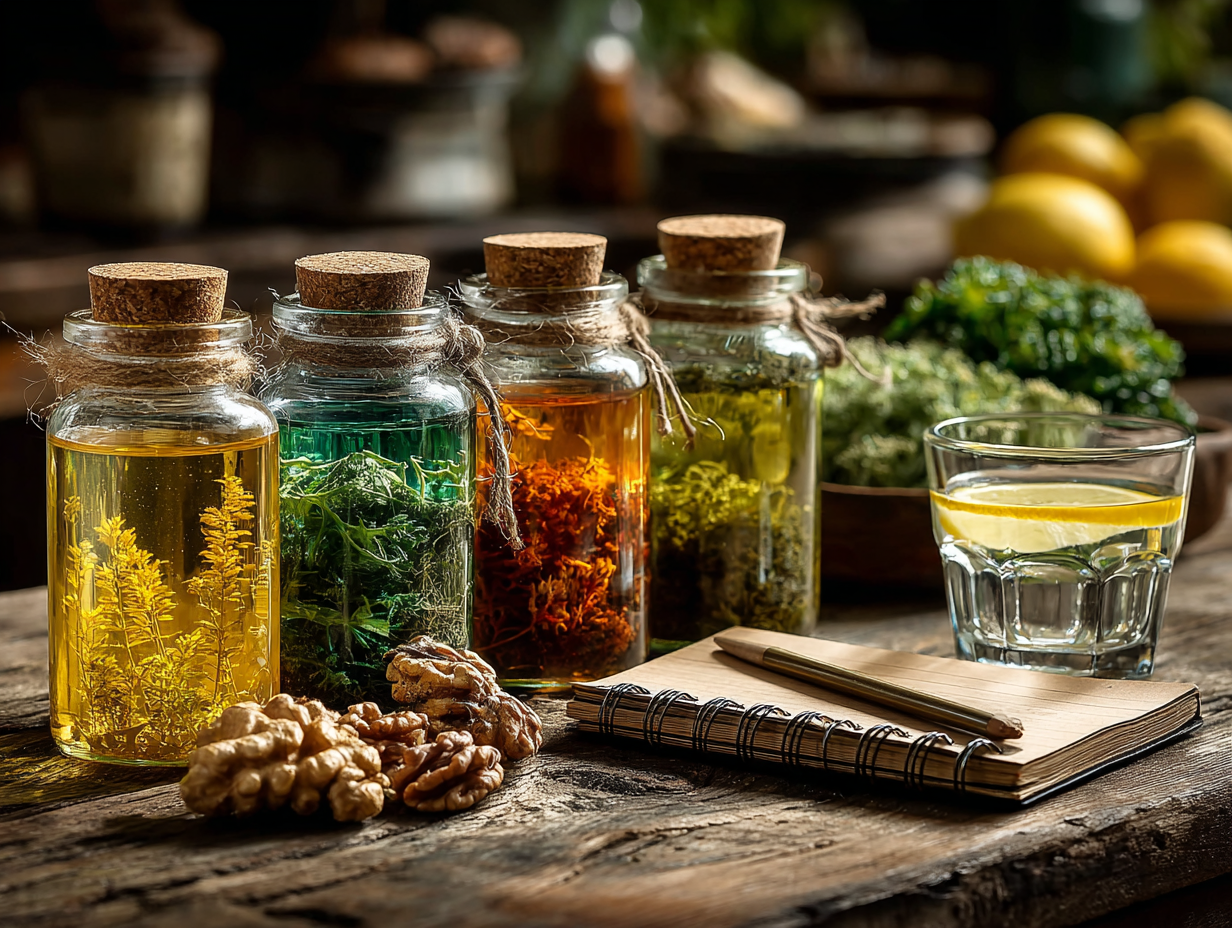 Imagem ilustrativa de compostos naturais e funcionais utilizados na desparasitação natural contra vermes e ansiedade.