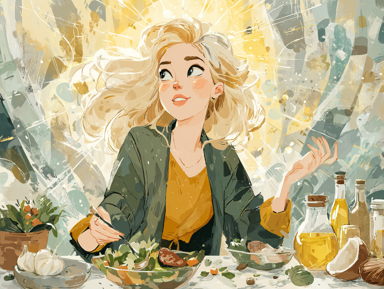 Ilustração flat de uma mulher loira saudável com aura dourada, sentada à mesa com alimentos antifúngicos e chá natural