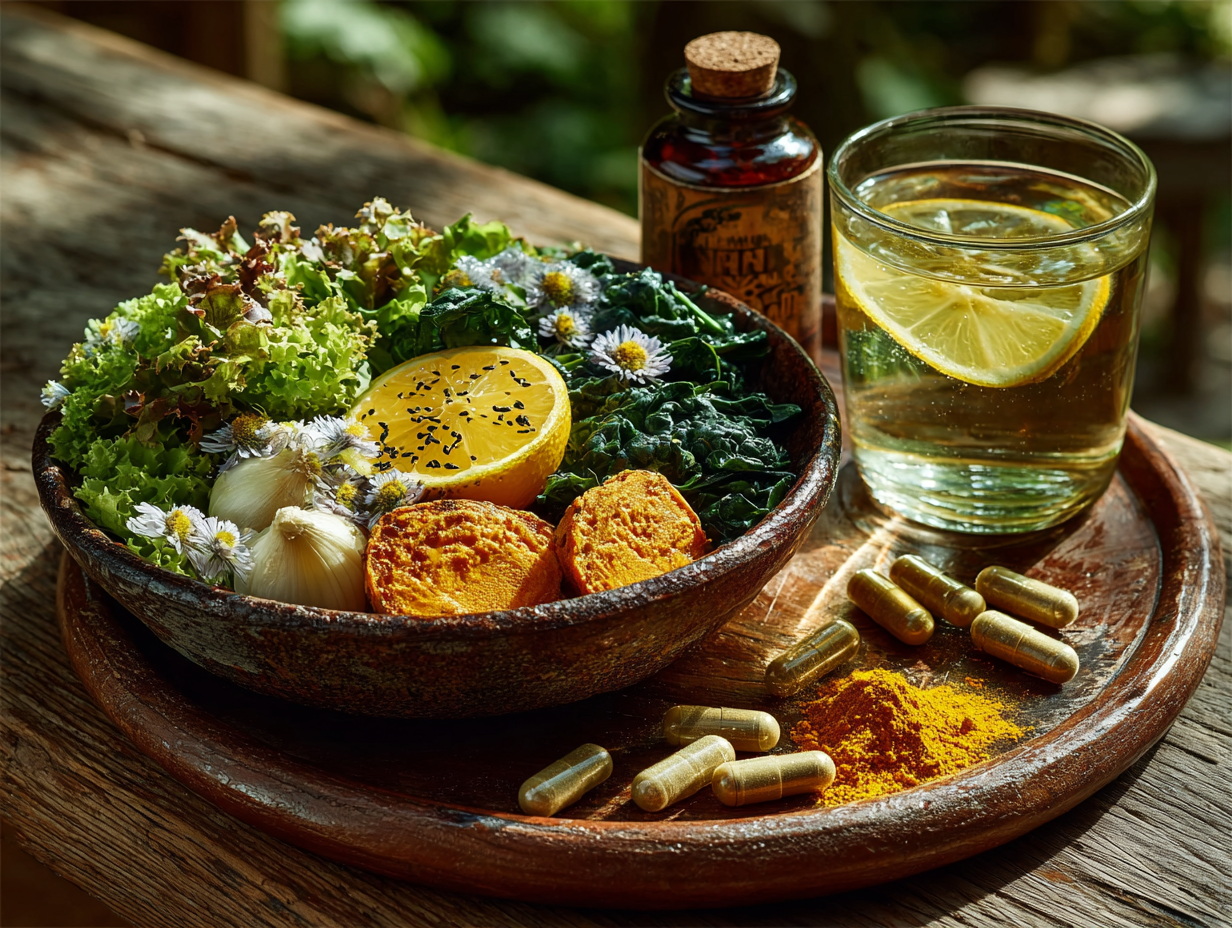 Foto realista clean health de alimentos naturais usados na dieta anti-inflamatória para candidíase recorrente.