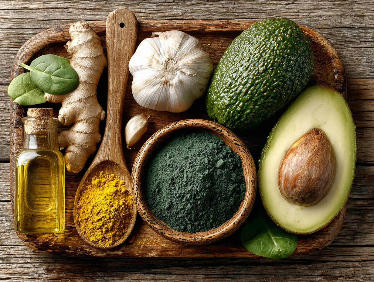 Cena realista de alimentos funcionais sobre a mesa, como cúrcuma, alho, abacate e azeite, para uma dieta contra candidíase.