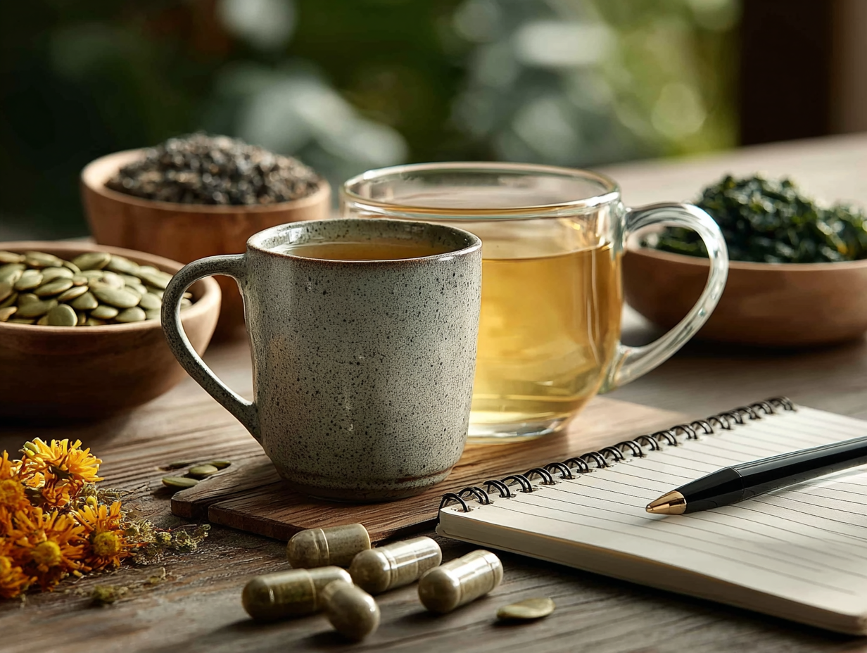 Foto clean com mesa contendo chá de ervas, cápsulas naturais, fibras e alimentos funcionais para combater parasitas e apoiar o intestino.