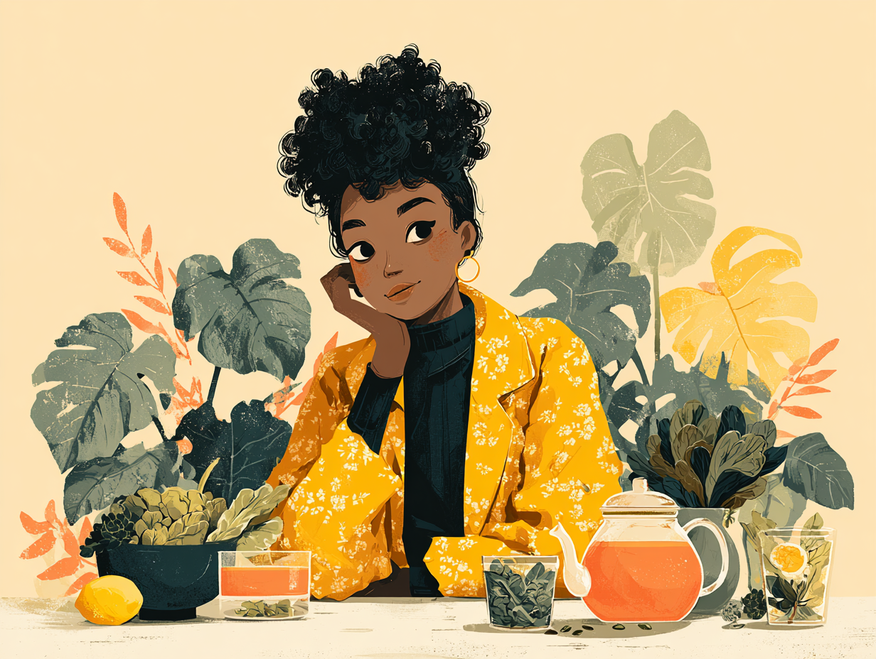 Mulher negra em estilo flat, confiante e sorridente, com mesa cheia de alimentos funcionais como carnes, vegetais, salada e chás, representando saúde e bem-estar
