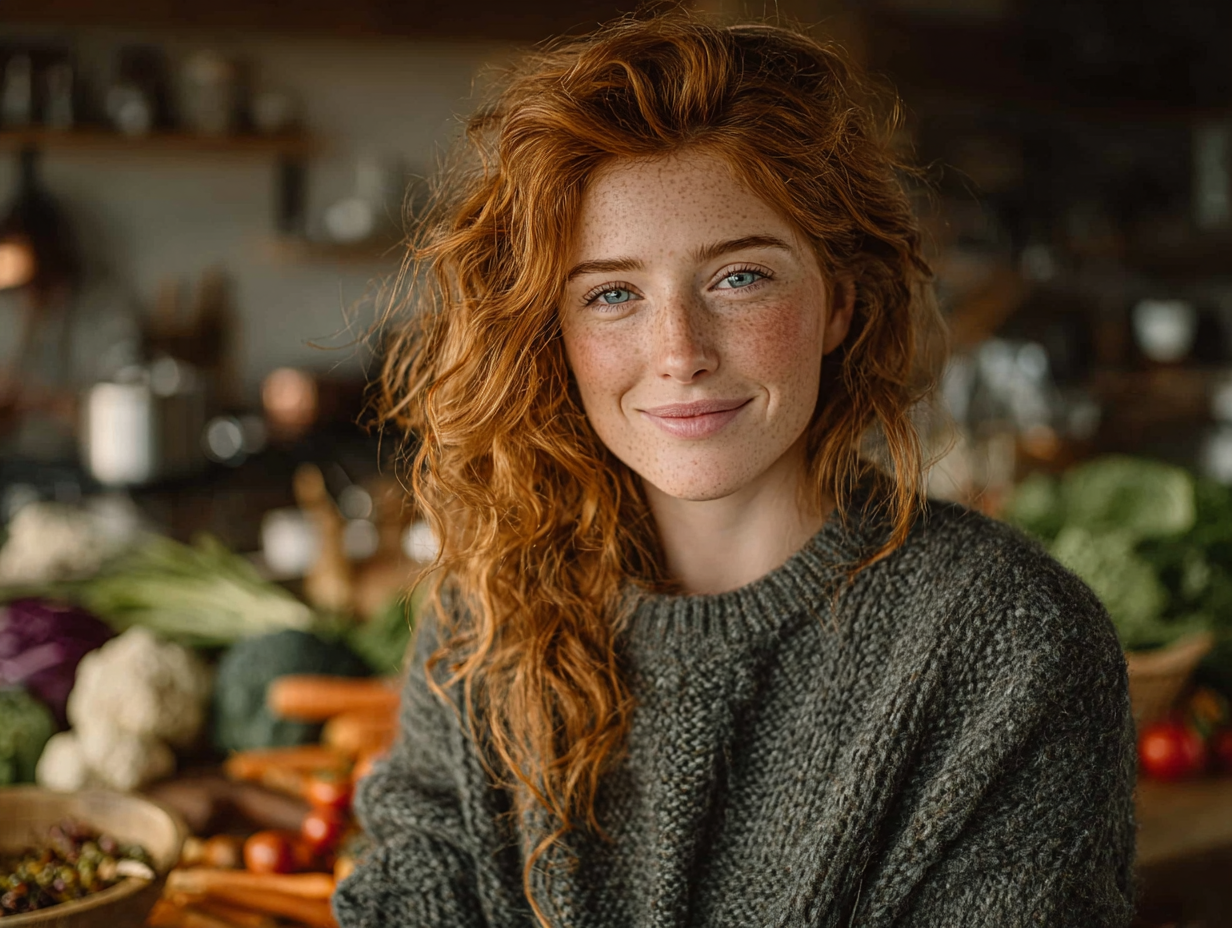 Mulher ruiva feliz cozinhando alimentos naturais, representando a alimentação saudável para evitar sintomas como tosse por vermes.