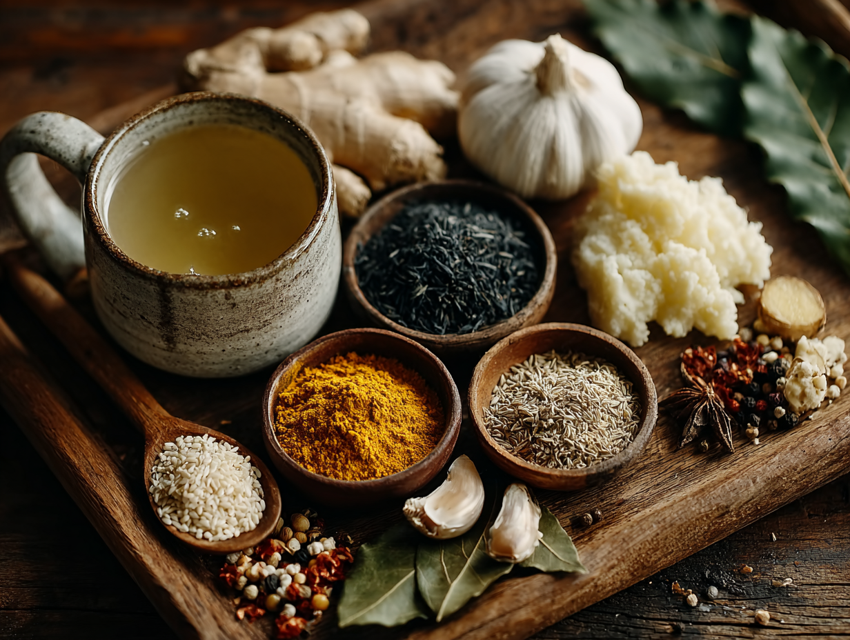 Foto clean com alimentos funcionais naturais como chás, especiarias, alho, cravo e sementes, sobre mesa de madeira clara, representando estratégias antiparasitárias.