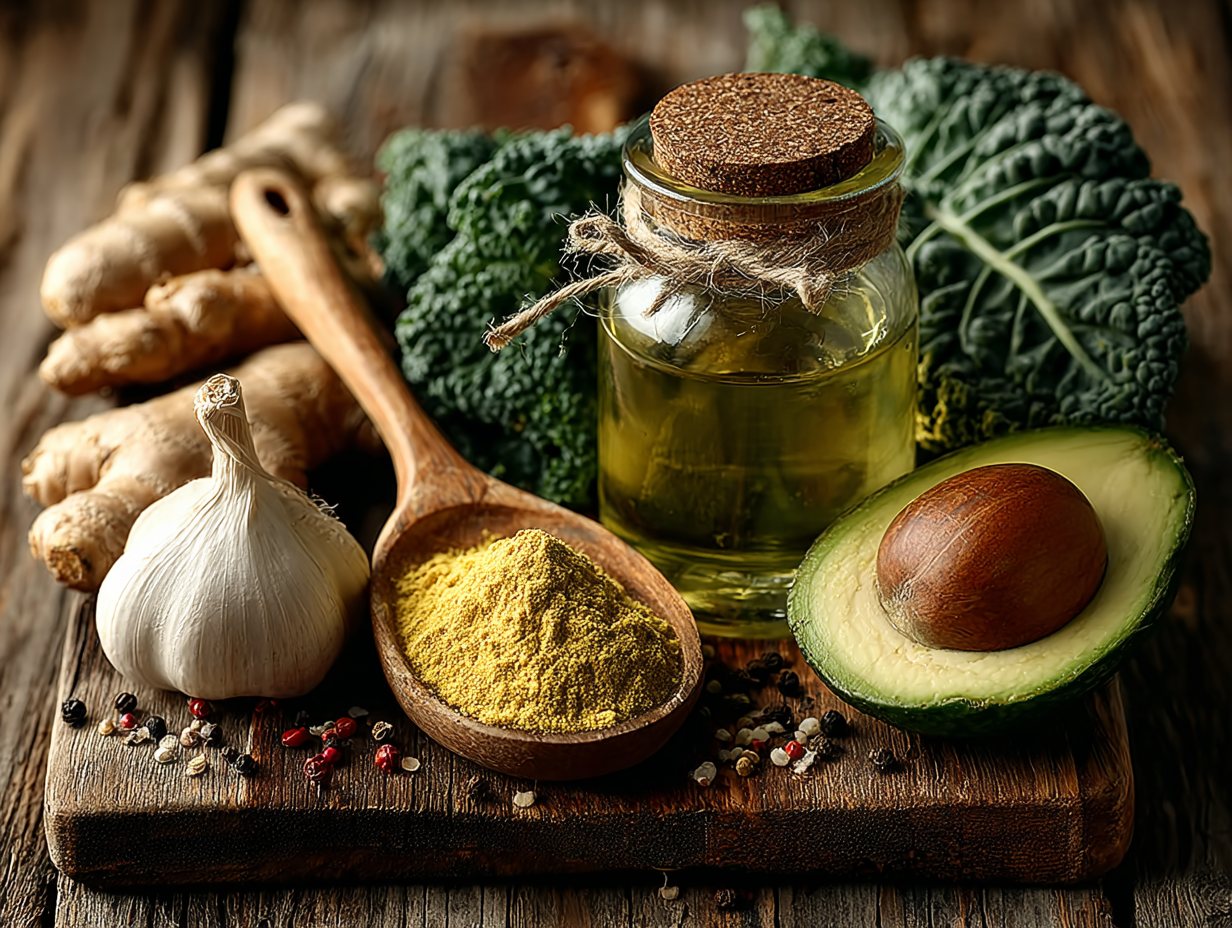 Alimentos naturais com ação anti-inflamatória sobre mesa de madeira clara, incluindo cúrcuma, alho, vegetais e probióticos.