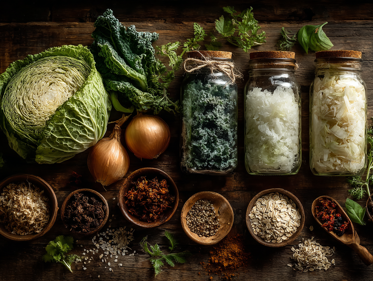 Mesa com alimentos funcionais usados para complementar o tratamento contra vermes e parasitas.