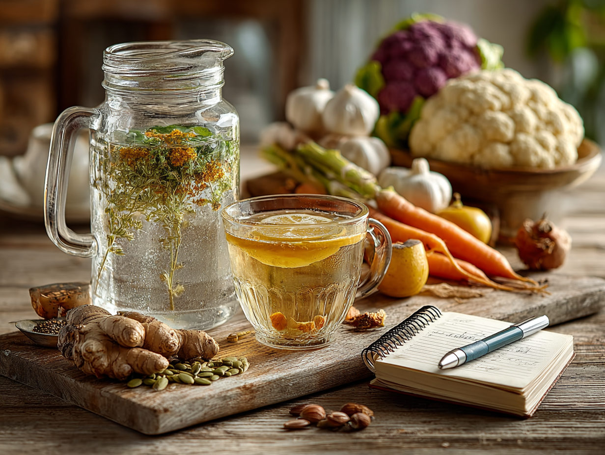 Mesa com água, chás e alimentos naturais usados para aliviar sintomas da desparasitação.