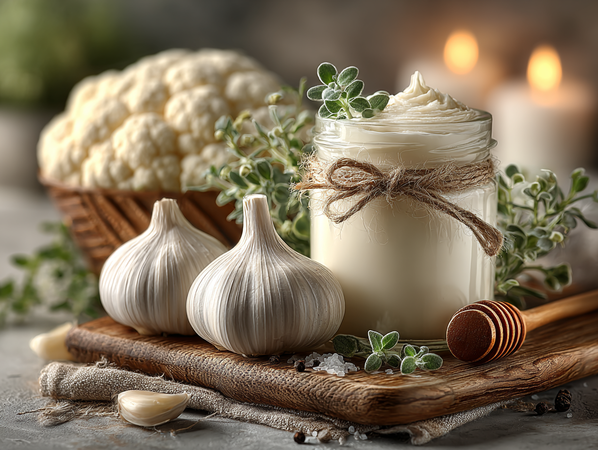 Foto clean e profissional com iogurte natural, alho fresco e ramos de orégano sobre superfície clara representando candidíase intestinal tratamento natural