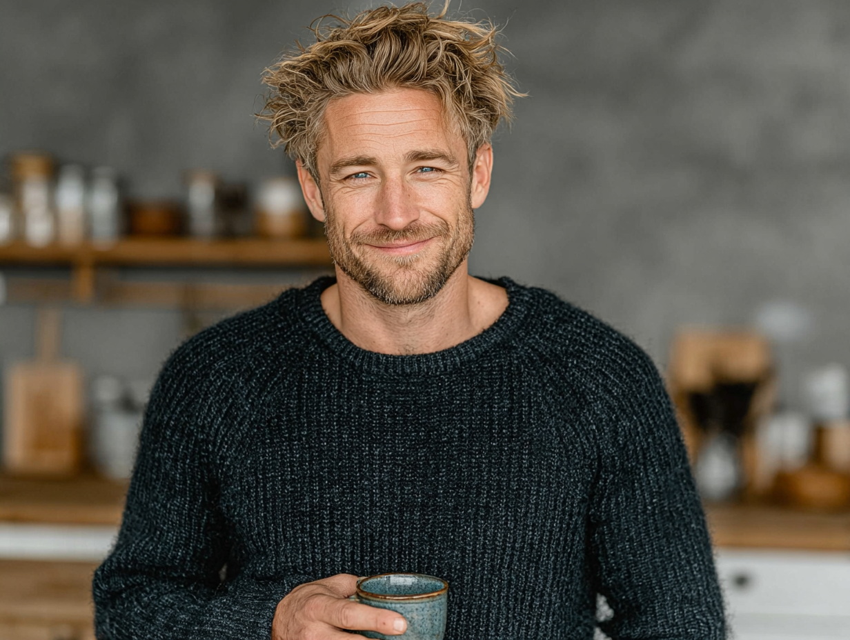 Homem loiro em ambiente claro e leve, com expressão tranquila após superar os vermes na garganta sintomas com uma abordagem funcional e preventiva.