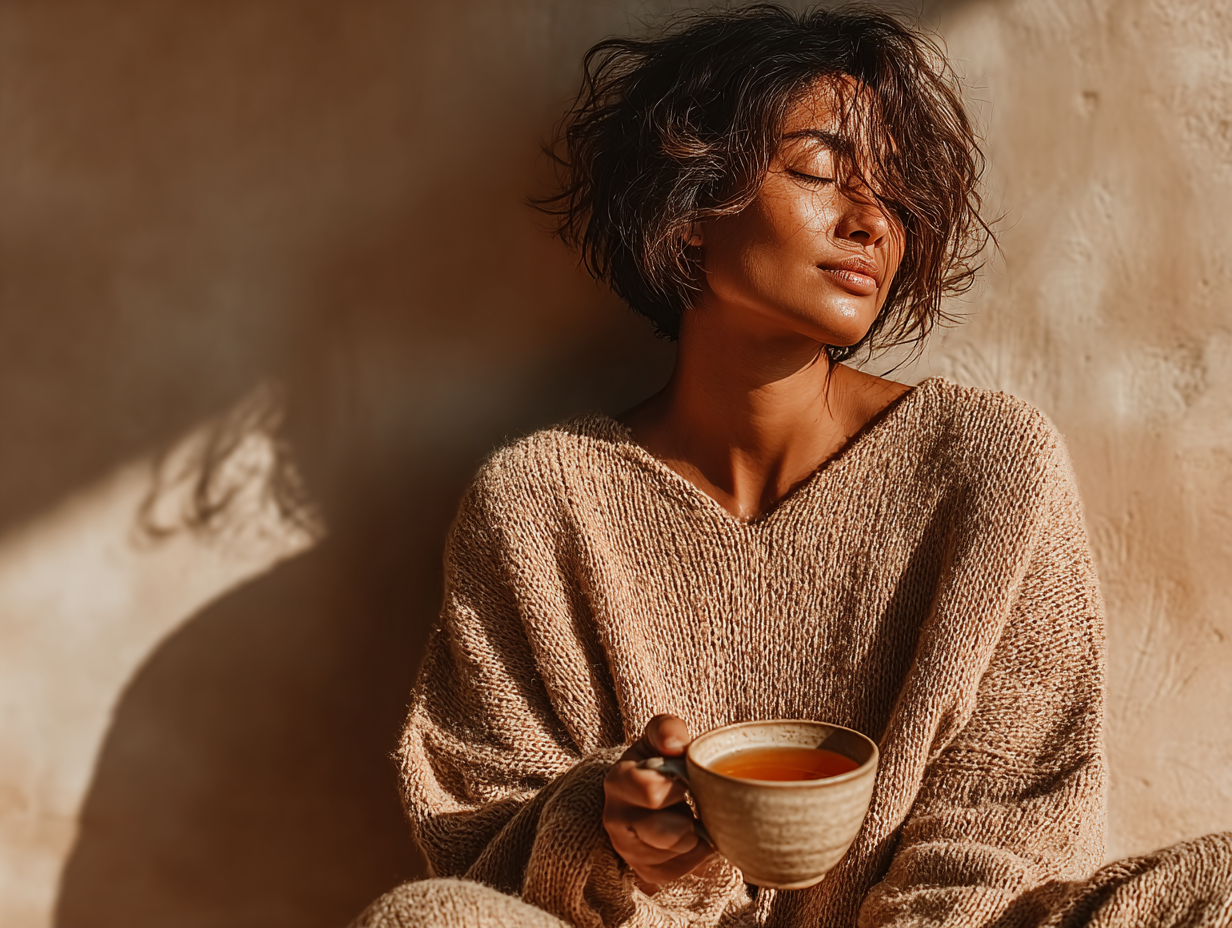 Mulher morena em ambiente calmo, segurando uma xícara de chá, simbolizando recuperação funcional após tratar os sintomas de ameba no intestino.