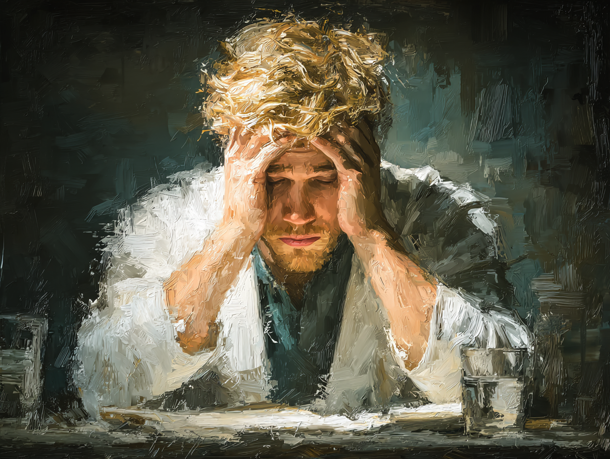 Homem loiro sentado com as mãos no rosto, representando fadiga emocional e ansiedade causada por vermes intestinais.