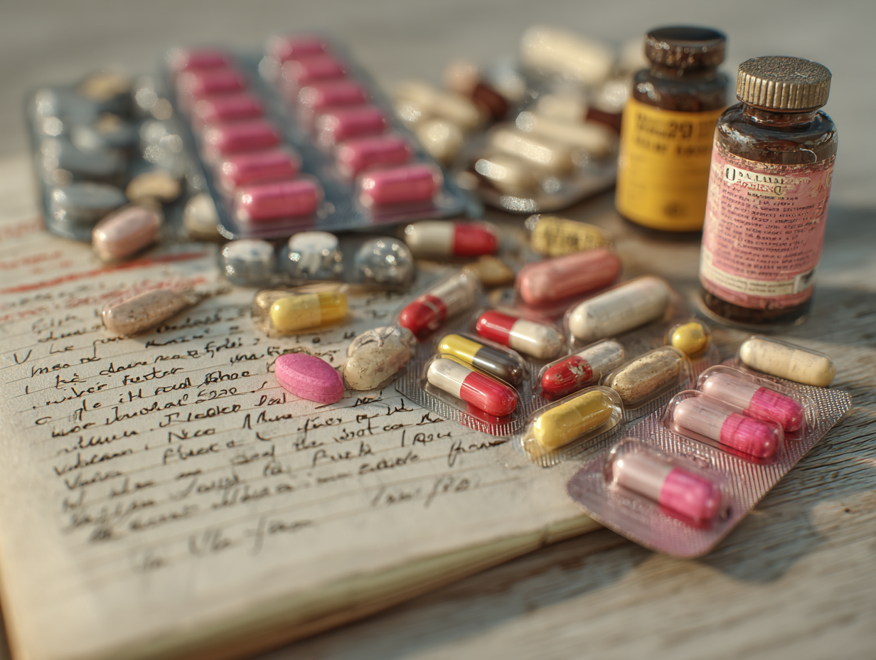 Foto ultra realista de mesa com vários tipos de antibióticos, representando o impacto na flora vaginal.