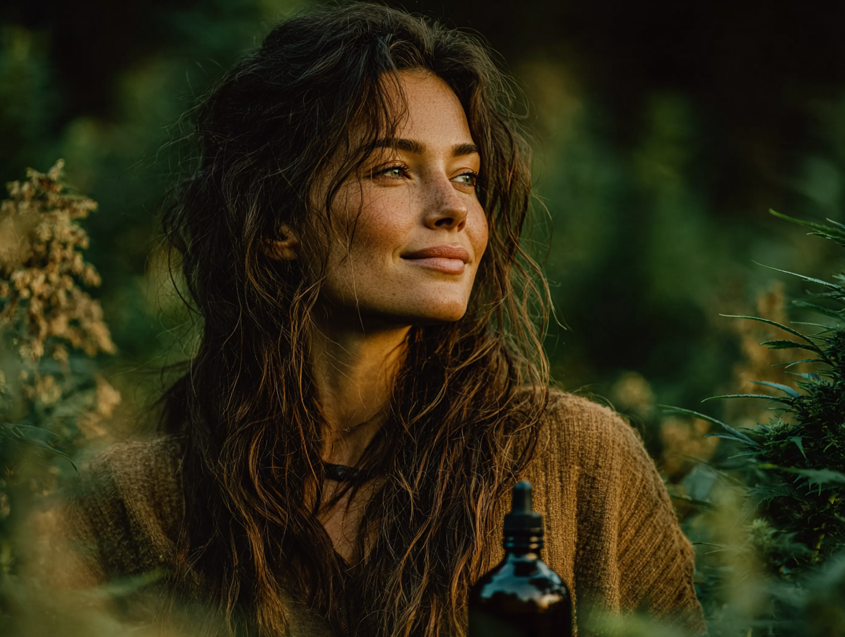 Mulhersegurando um frasco de tintura em ambiente naturalista, representando o uso do kit de tinturas na desparasitação natural
