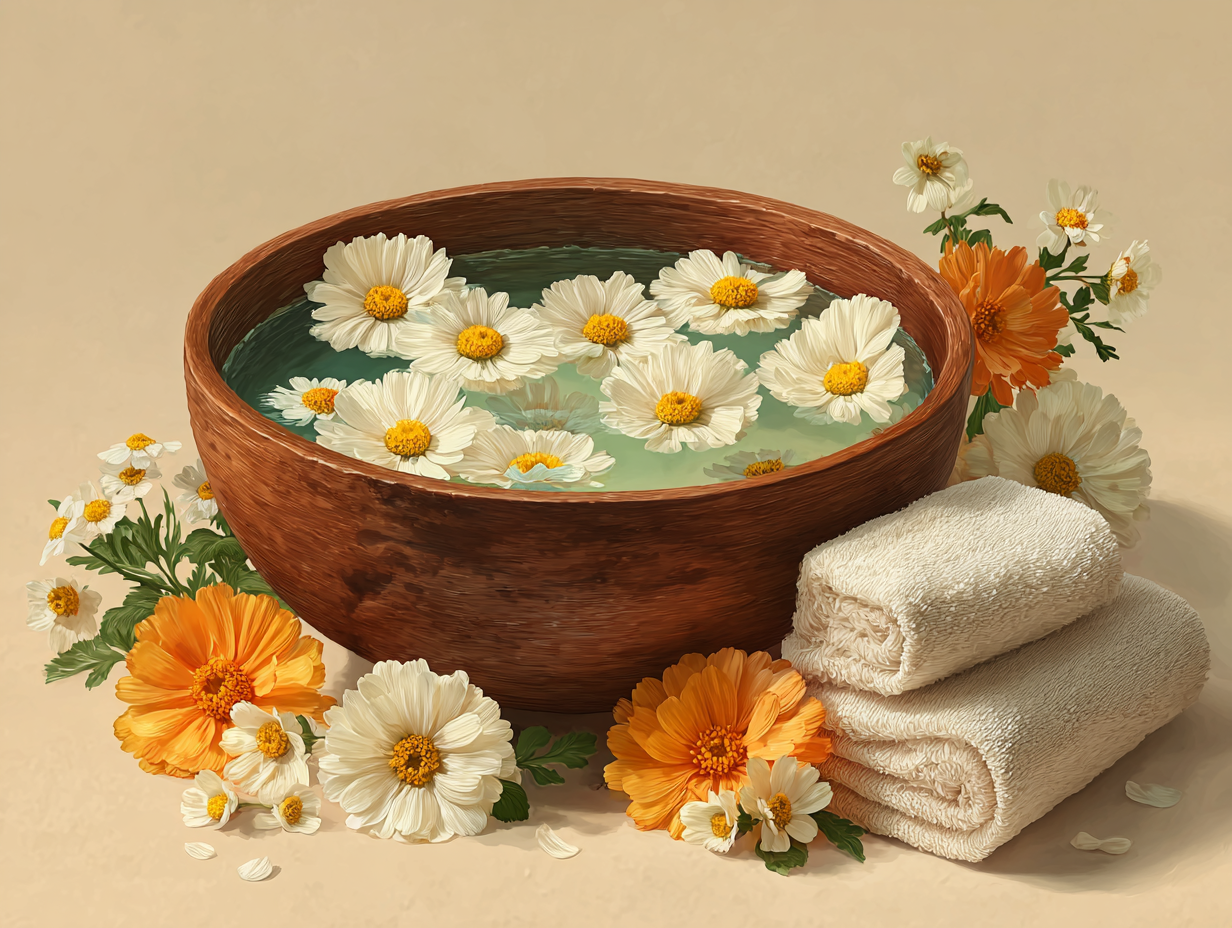 Bacia com flores de camomila, toalhas dobradas ao lado, representando um banho de assento para candidíase em estilo flat