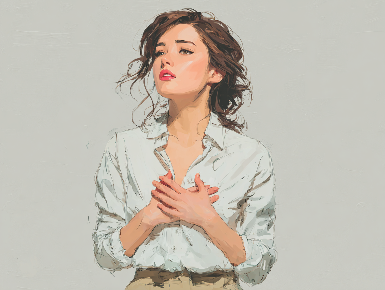 mulher com mãos no peito demonstrando desconforto por sintomas de vermes no pulmão