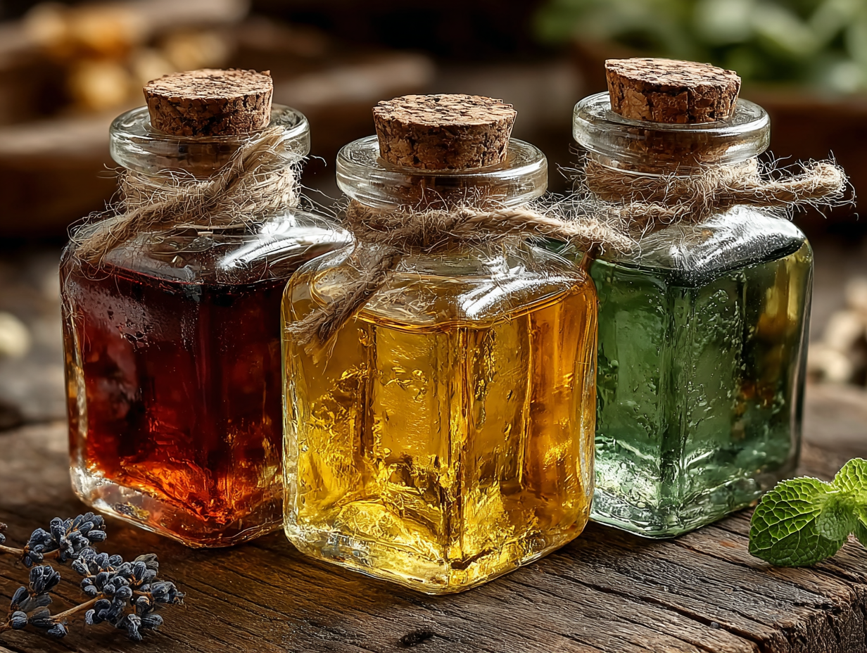 Frascos com tintura de nogueira absinto e cravinho sobre uma mesa de madeira, imagem clean e chamativa com estética natural.