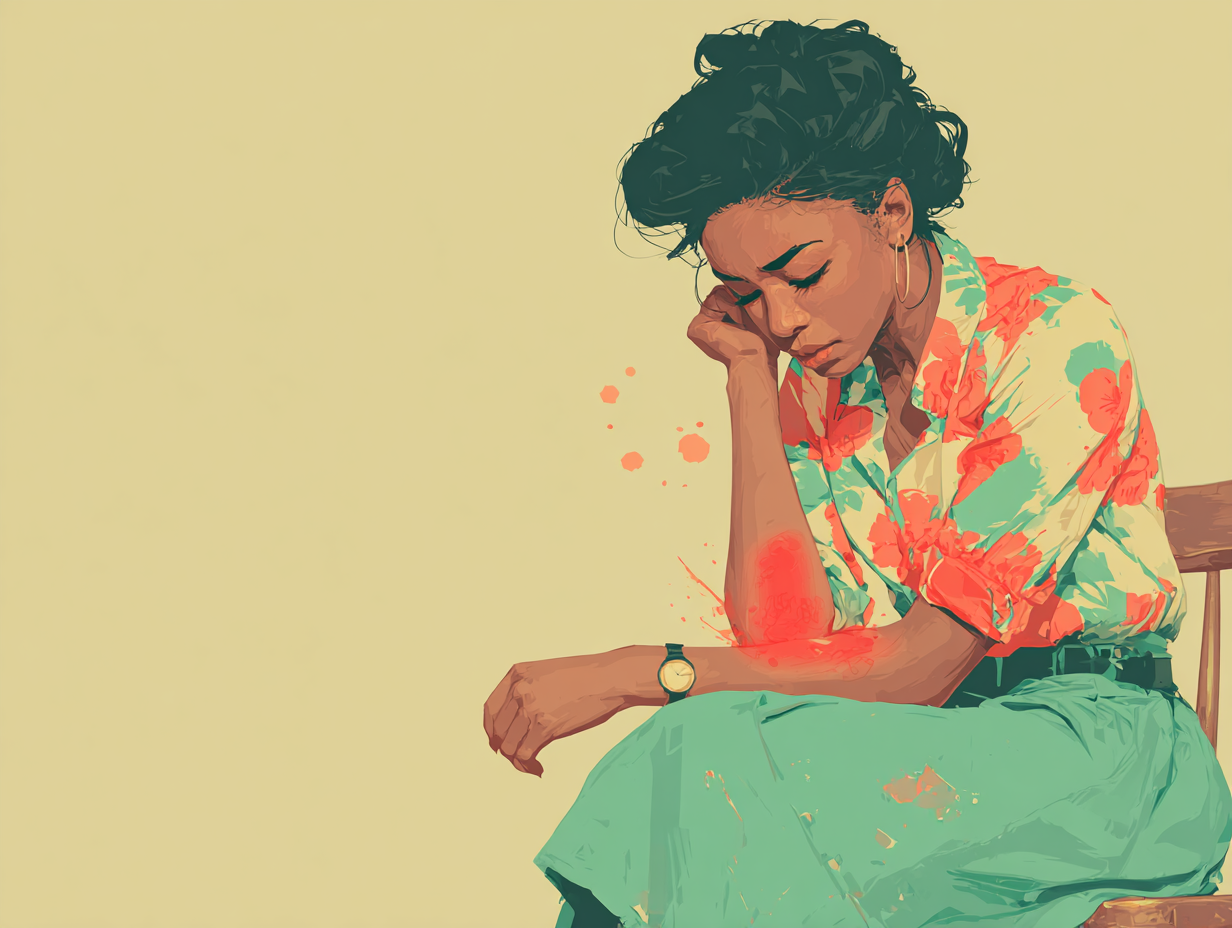 Ilustração emocional de uma mulher negra introspectiva, sentada, com expressão de incômodo sutil, simbolizando os primeiros sinais de verme sintomas na pele.