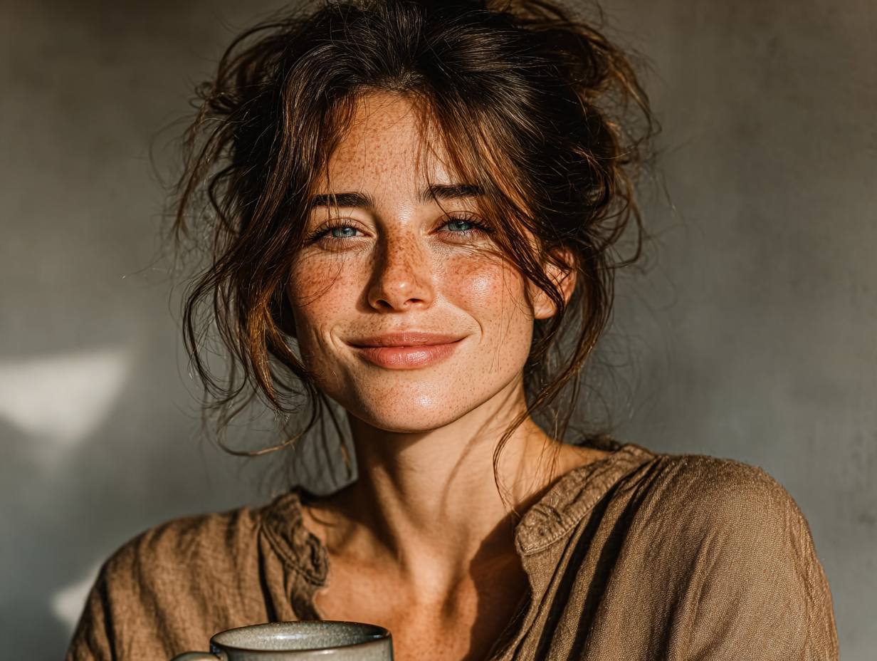 Mulher brunete sorrindo e segurando um chá, representando bem-estar após o protocolo Hulda Clark.