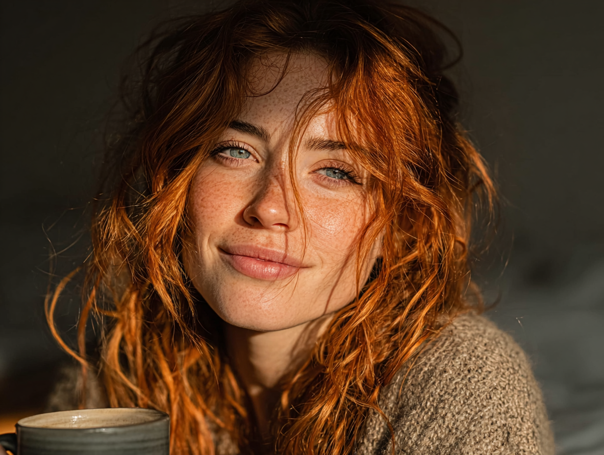 Mulher ruiva tomando chá em ambiente leve, representando equilíbrio e bem-estar após desparasitação.