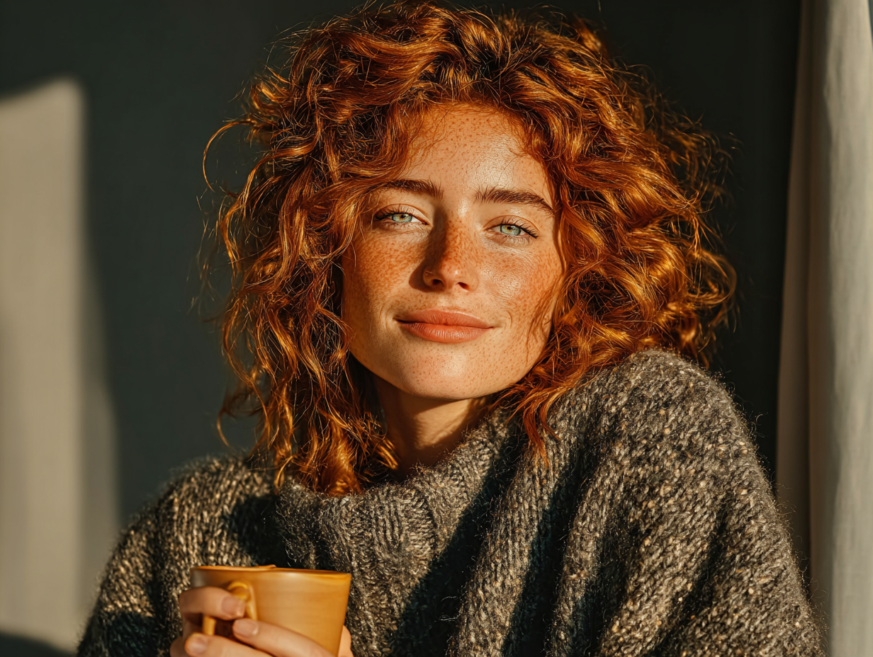 Mulher ruiva tranquila em ambiente leve representando bem-estar após o uso da tintura de cravinho