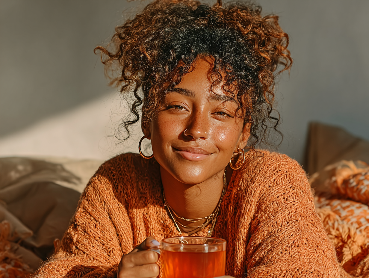 Mulher negra em ambiente clean, tomando chá com expressão de alívio e equilíbrio restaurado.