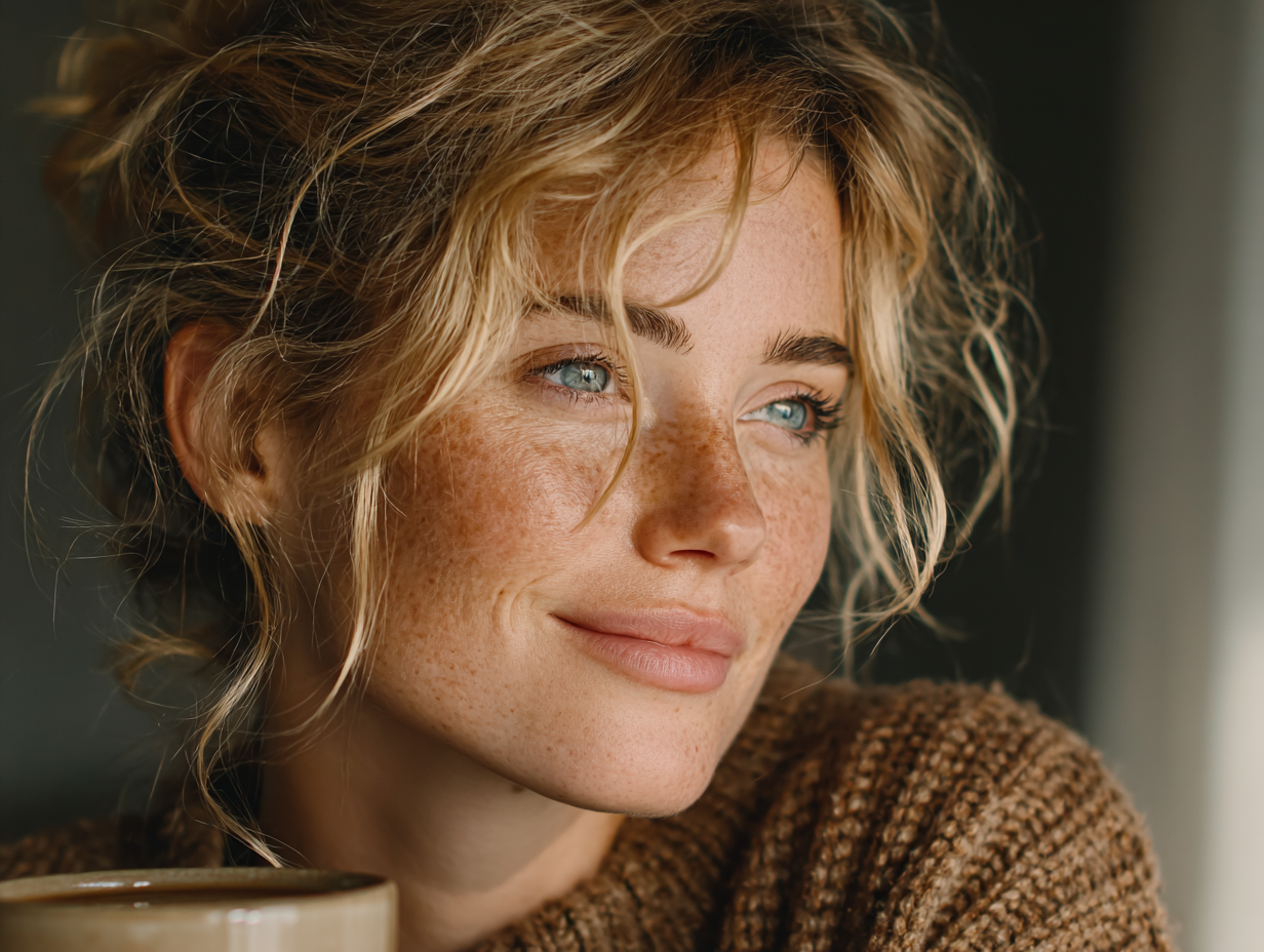 Mulher loira sorrindo suavemente com xícara de chá em ambiente clean, simbolizando equilíbrio após o controle da candidíase de repetição.