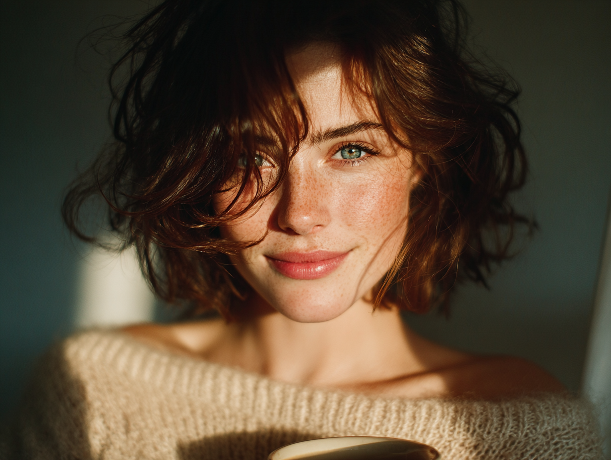 Foto clean de mulher morena em ambiente leve, segurando um chá, representando bem-estar após a desparasitação.