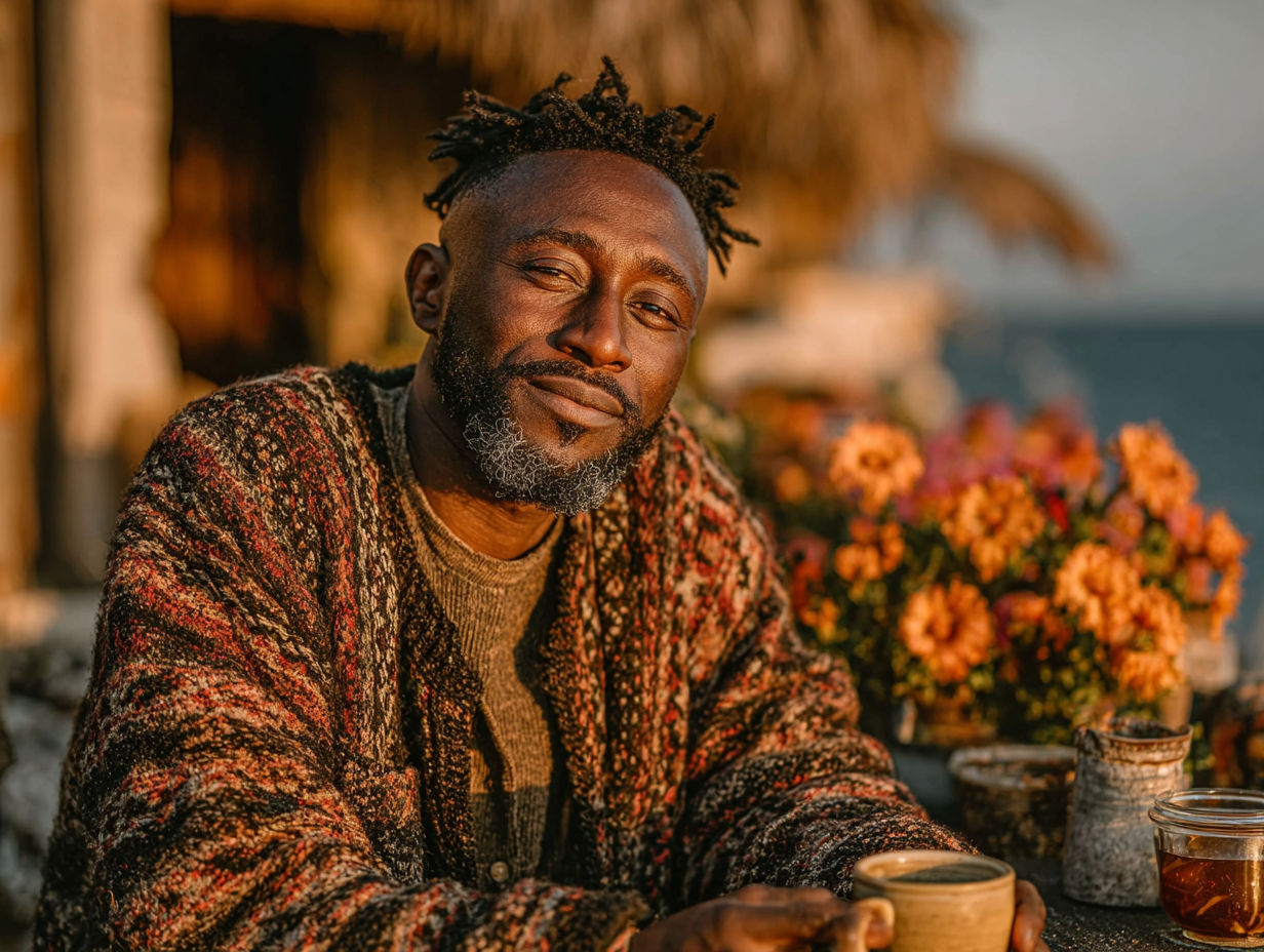 Homem negro sentado ao ar livre, tranquilo e tomando chá, simbolizando o bem-estar após concluir o protocolo de desparasitação humana.