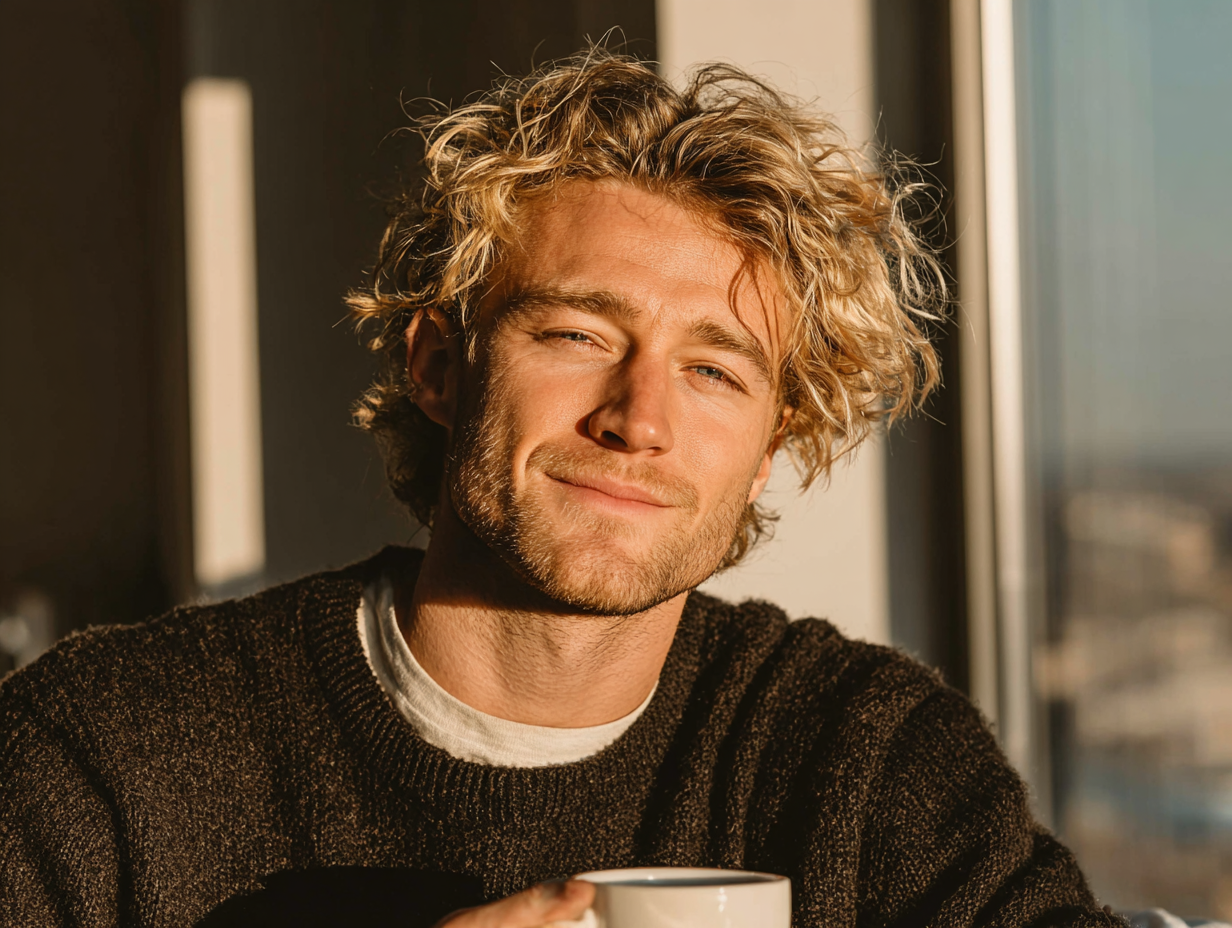Homem loiro em ambiente calmo tomando chá, simbolizando o bem-estar após restaurar o equilíbrio intestinal.