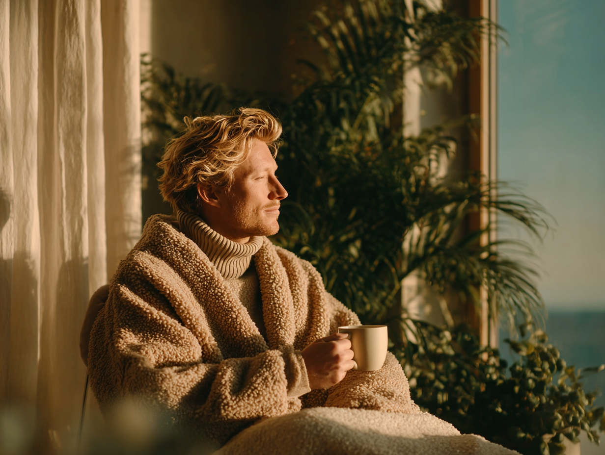 Homem loiro relaxando com uma xícara de chá em ambiente leve, simbolizando o bem-estar após o processo de desintoxicação natural.