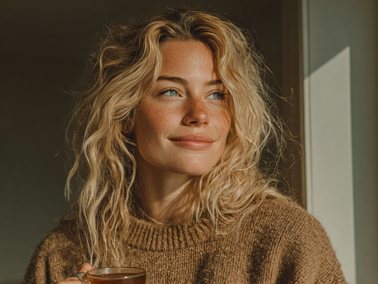 Foto clean de uma mulher loira sorrindo suavemente em ambiente leve e iluminado, representando o alívio intestinal após tratar vermes intestinais.