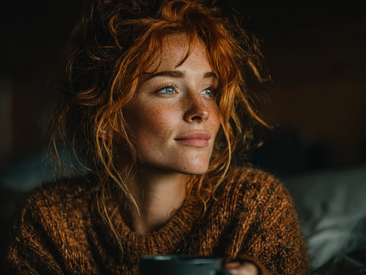 Mulher ruiva em ambiente leve, tomando chá após processo de desparasitação, simbolizando bem-estar restaurado.