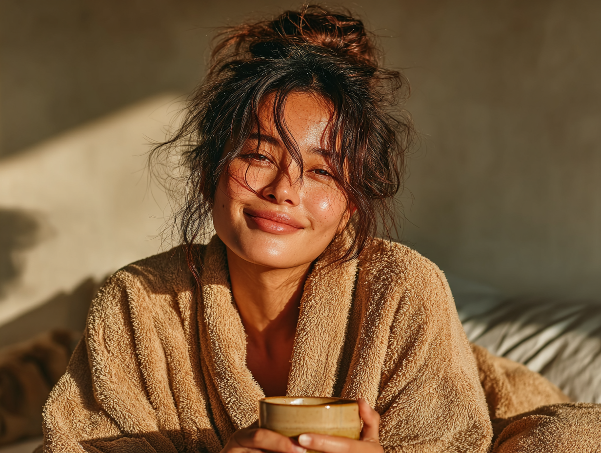 Mulher asiática tranquila segurando uma xícara, simbolizando os efeitos positivos da tintura de nogueira após o uso.