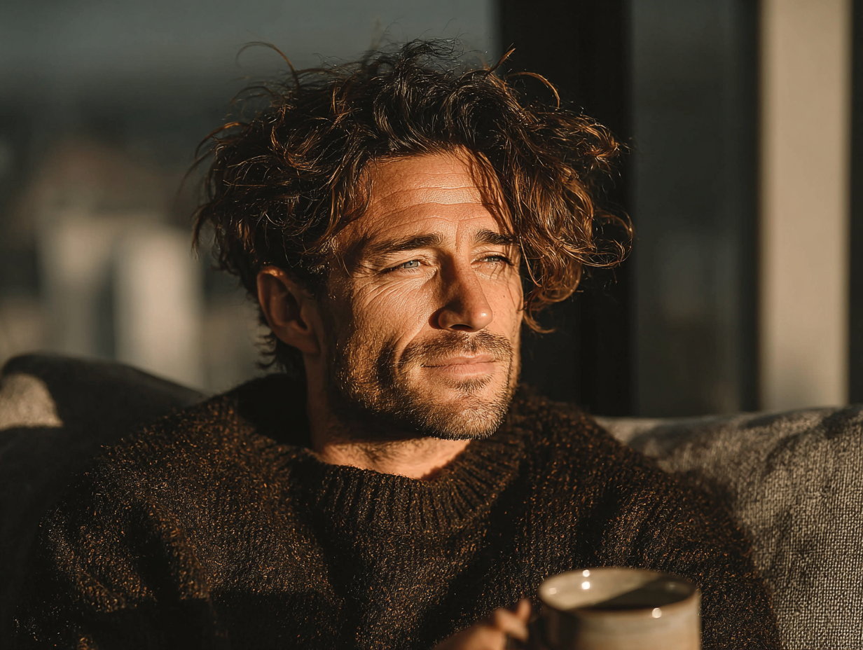 Imagem clean de homem moreno relaxado com xícara nas mãos, representando bem-estar após o tratamento da giardíase e alívio dos sintomas.