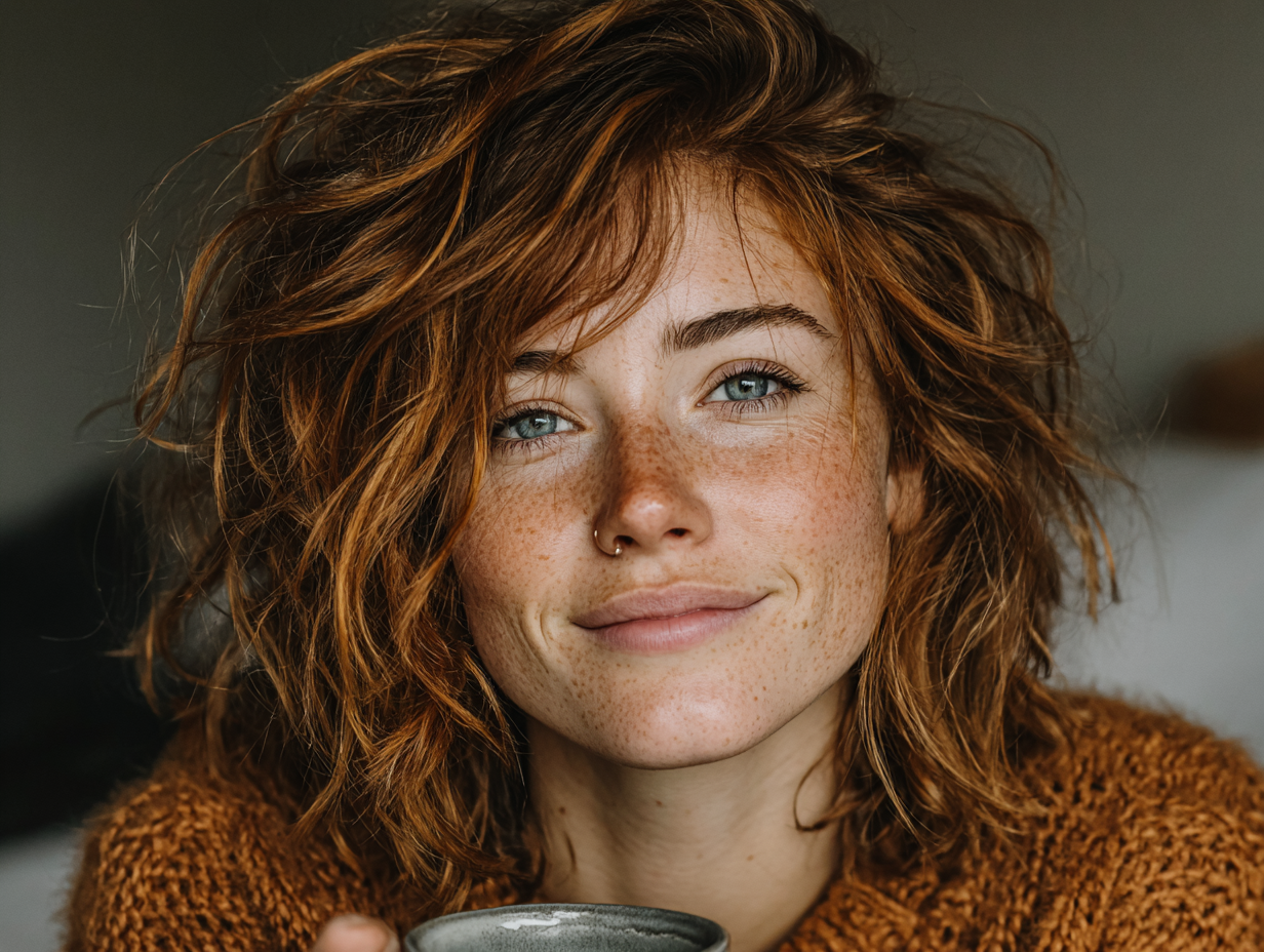 Mulher ruiva sorrindo suavemente em ambiente clean, com uma xícara na mão, simbolizando bem-estar após o uso da tintura de nogueira.