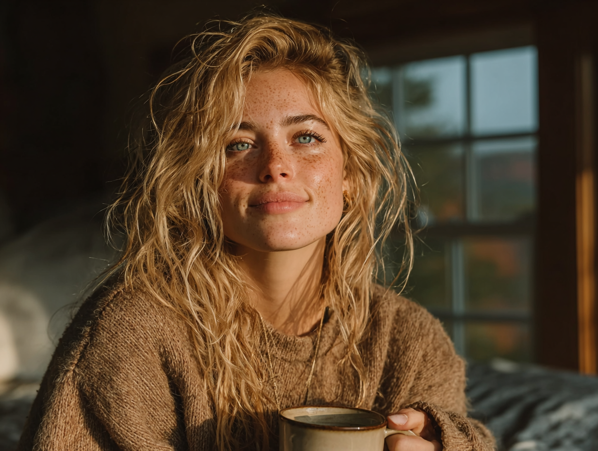 Mulher loira tranquila tomando chá após restaurar a saúde com uma rotina funcional e natural