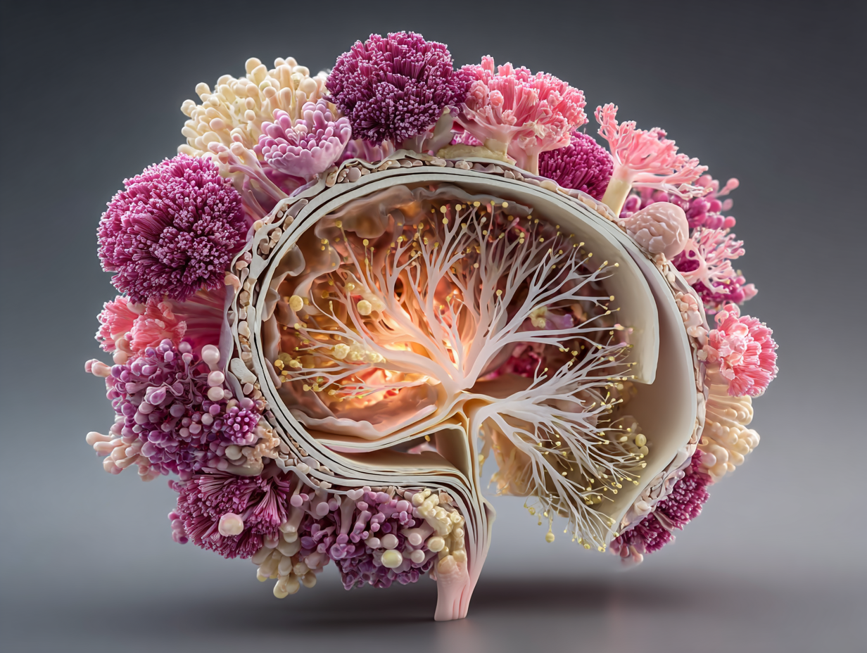 Ilustração semi-realista do intestino humano com crescimento de fungos, representando a ligação entre disbiose e candidíase recorrente.