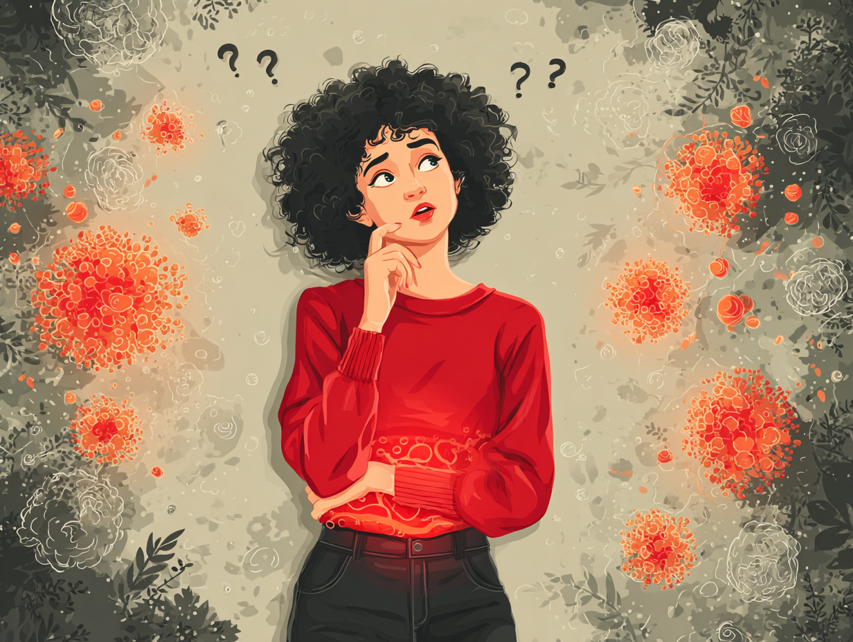 Mulher com mãos no abdômen, expressão de dúvida e pontos de interrogação na cabeça, representando sintomas de candidíase intestinal.