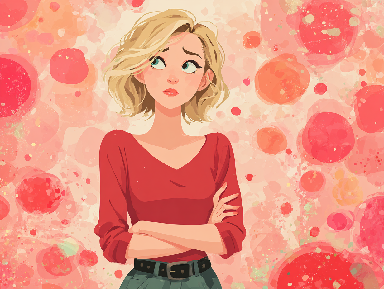 Mulher loira frustrada com dor pélvica e fungos ao redor, simbolizando candidíase recorrente, em estilo flat.