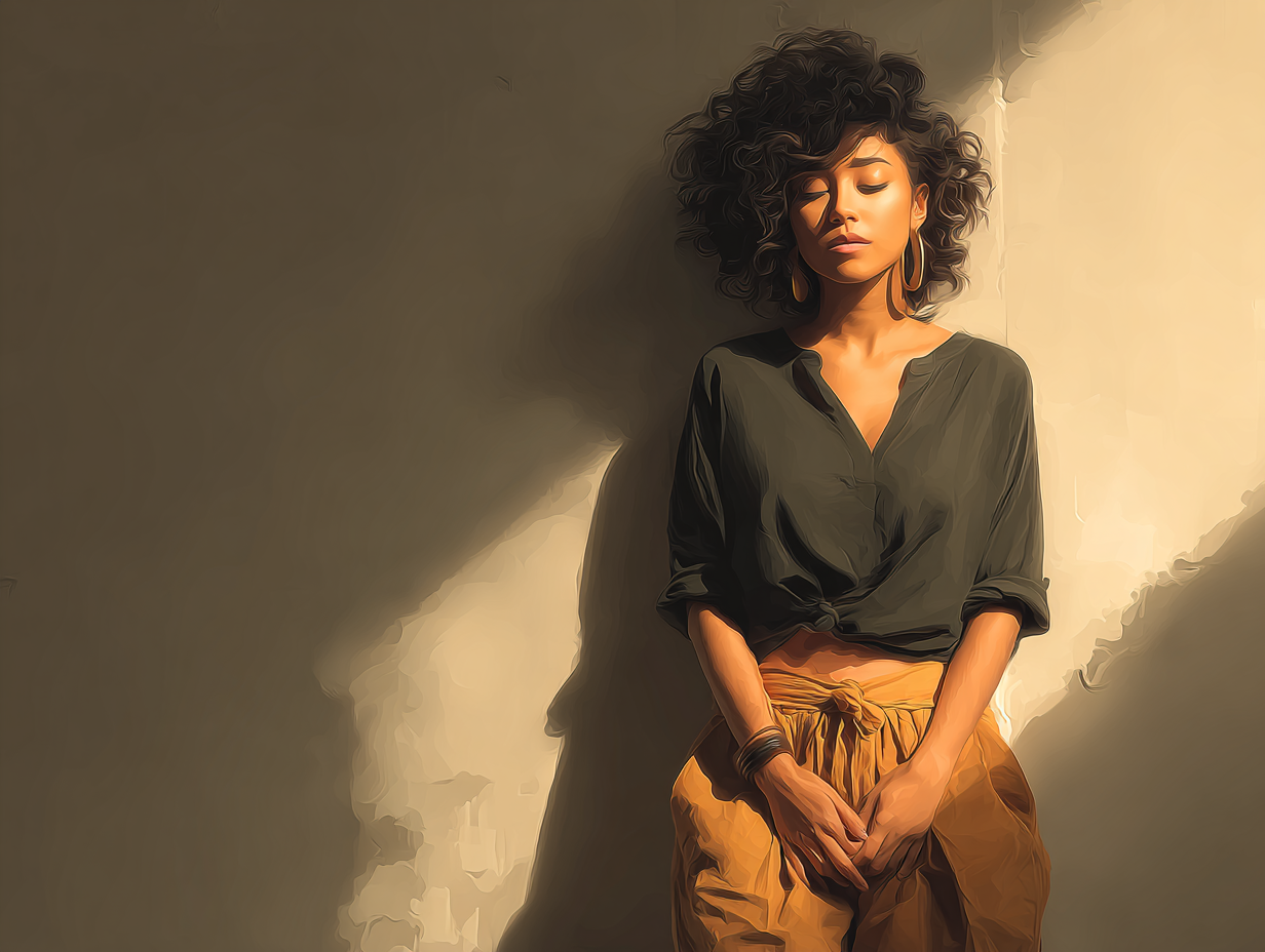 Ilustração anatômica simbólica de mulher negra tocando a região pélvica, representando desequilíbrios internos.