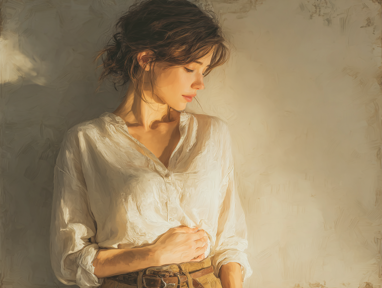 Ilustração simbólica de mulher tocando a região abdominal e peitoral, representando estresse, imunidade baixa e desequilíbrio interno porque a candidíase vai e volta