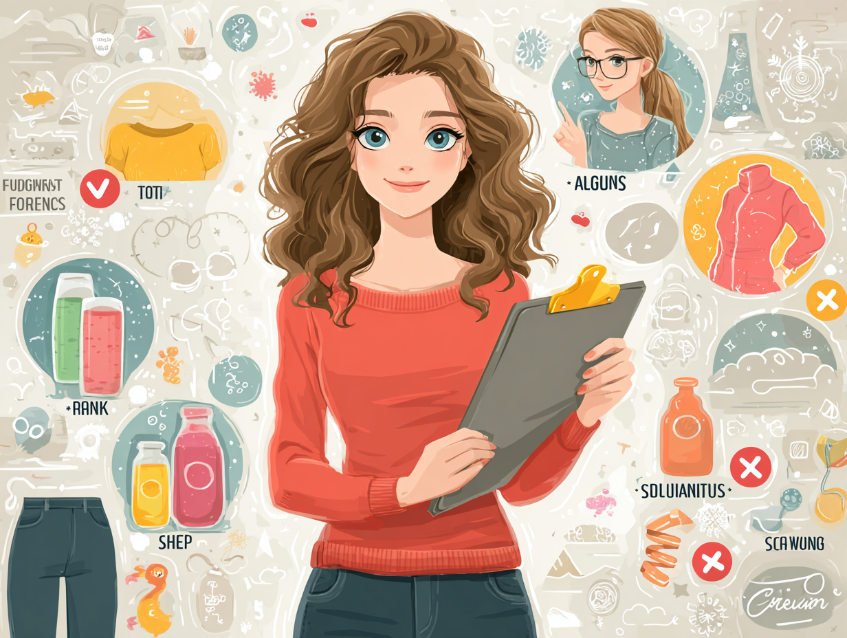 Ilustração flat de uma mulher branca com cabelo castanho fazendo checklist para prevenir candidíase recorrente, com ícones riscados de fatores agravantes da candidíase recorrente