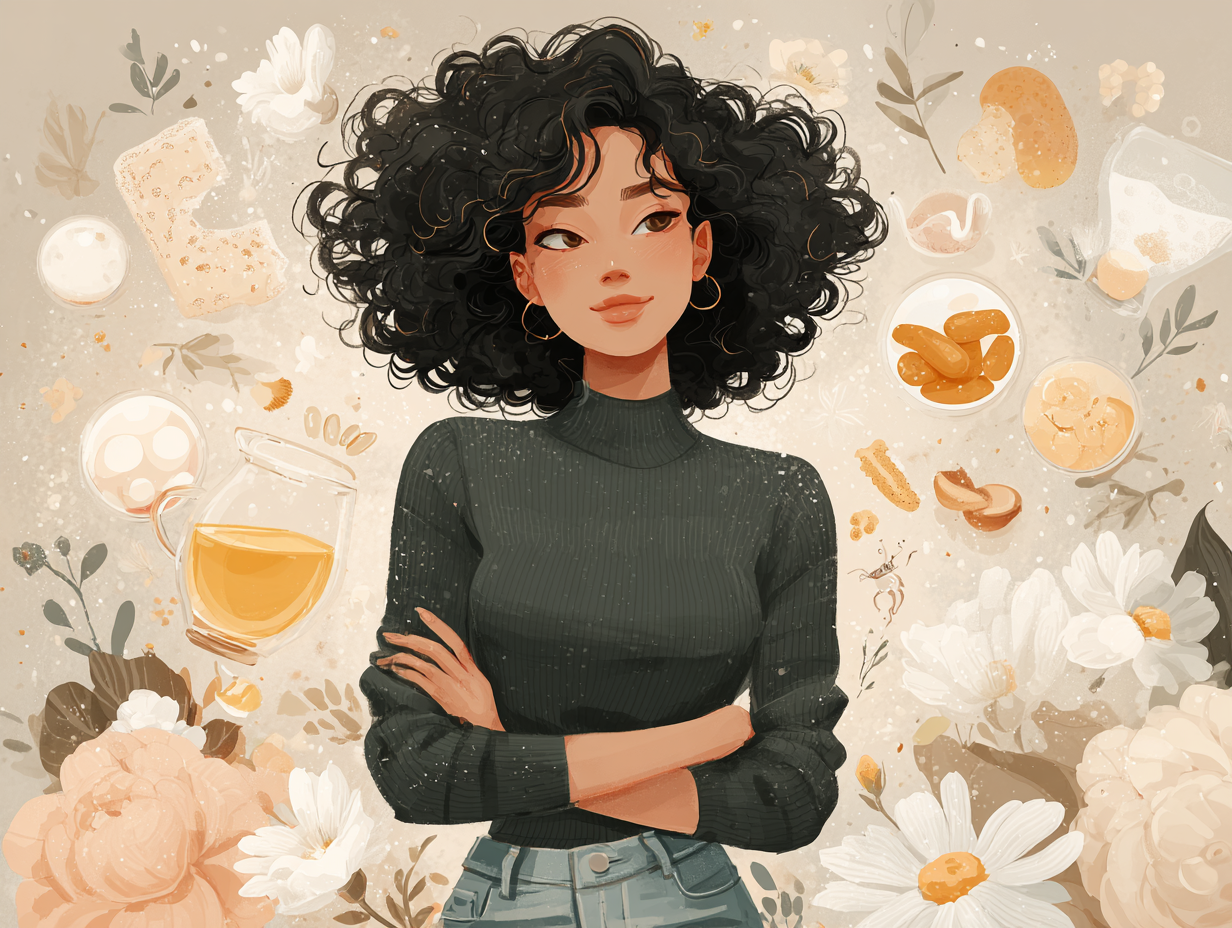 Mulher negra em destaque com ícones ao redor representando dicas de prevenção à candidíase, como alimentação, roupas íntimas, banho de assento e probióticos