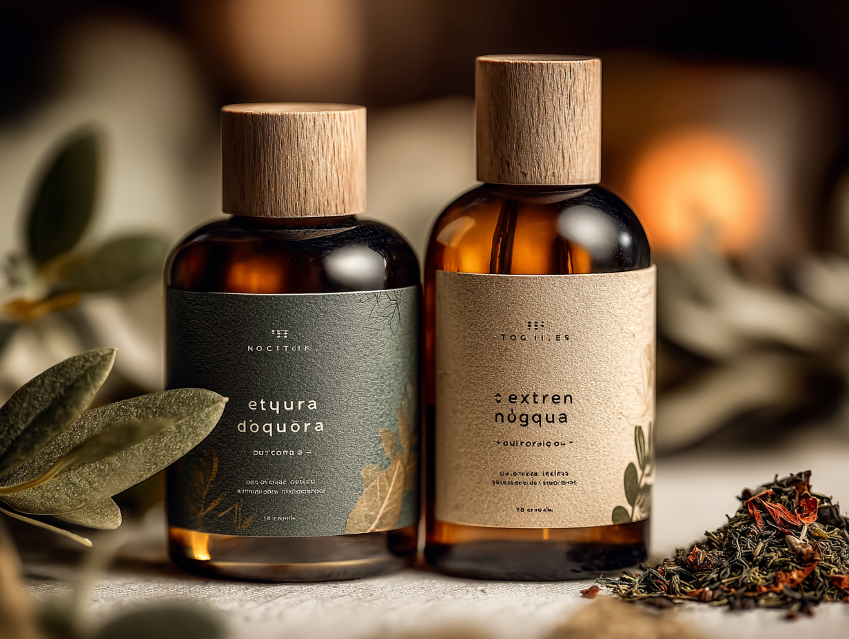 Comparação visual entre tintura e extrato de nogueira em frascos separados, sobre uma bancada clara e limpa.