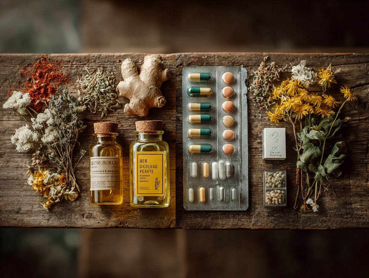 Imagem dividida mostrando de um lado suplementos e tinturas naturais e do outro medicamentos farmacológicos, representando abordagens diferentes para desparasitação.