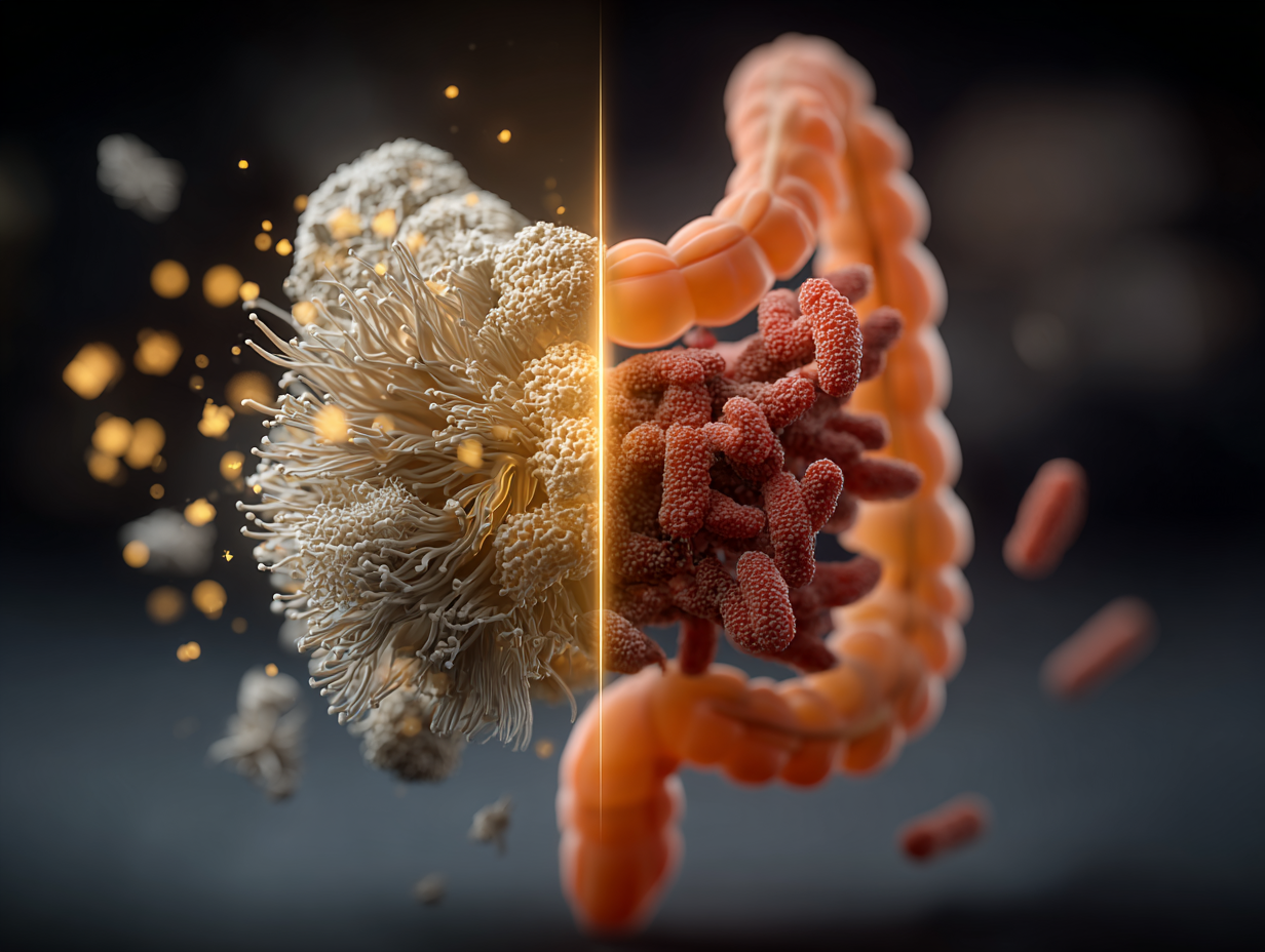 Ilustração comparativa mostrando o intestino com fungos de um lado (SIFO) e bactérias do outro (SIBO), representando o desequilíbrio