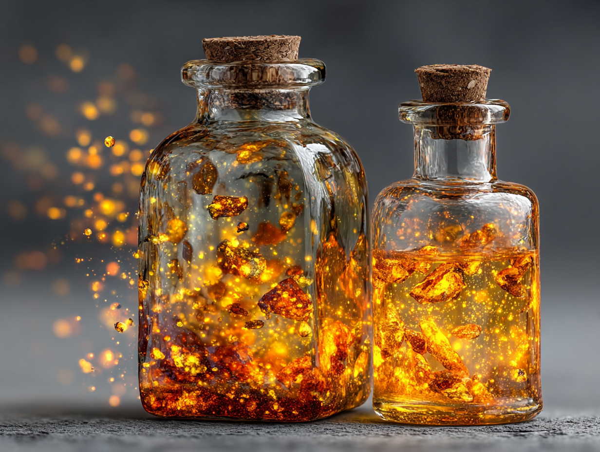 Frasco de tintura com luzes simbólicas saindo do vidro, representando os compostos naturais ativos da tintura de nogueira.