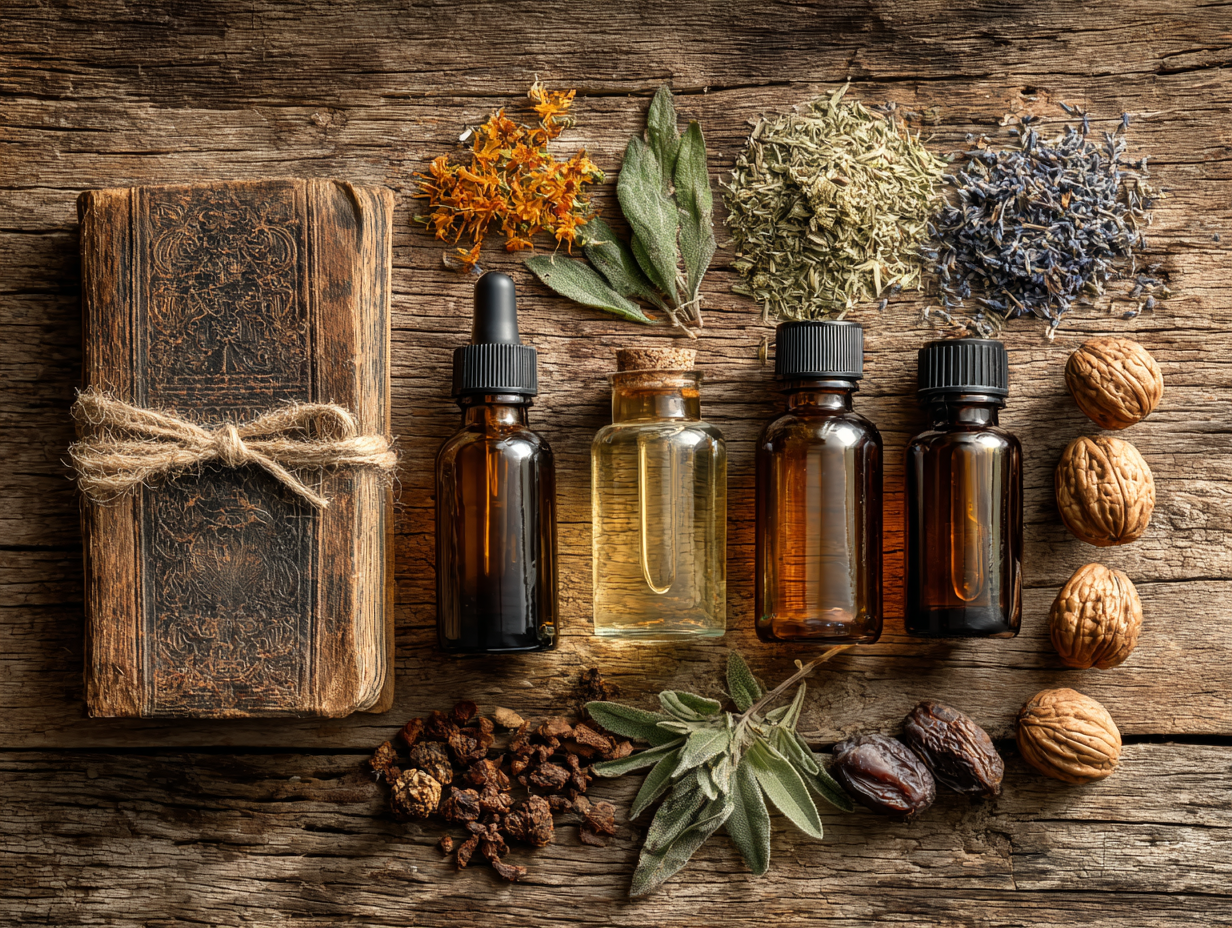 Mesa com tinturas e ervas usadas no protocolo desparasitação humana natural